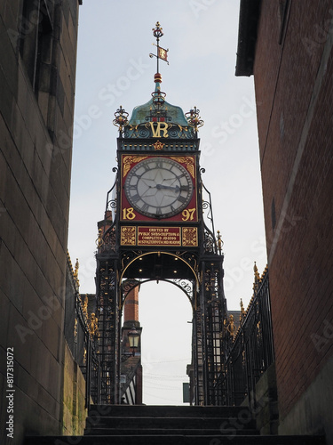 A close-up of the historic Eastgate Clock on the city walls in the historic city of Chester in the UK.