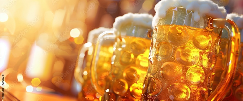 Cheers With Beer Mugs, Fluid Motion, Bright Tones, International Beer Day Background Cheers With Beer Mugs, Fluid Motion, Bright Tones, International Beer Day Background