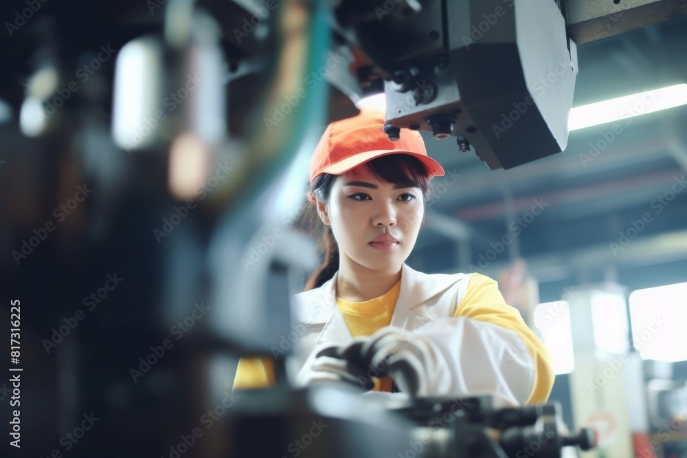 asian female worker control a machine tool in a engineering parts factory asian female worker control a machine tool in a engineering parts factory