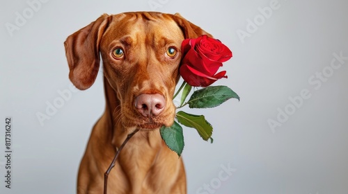 A delightful red haired vizsla dog with a charming demeanor presents a vibrant red rose in its mouth as a heartfelt Valentine s Day gesture against a pristine white backdrop