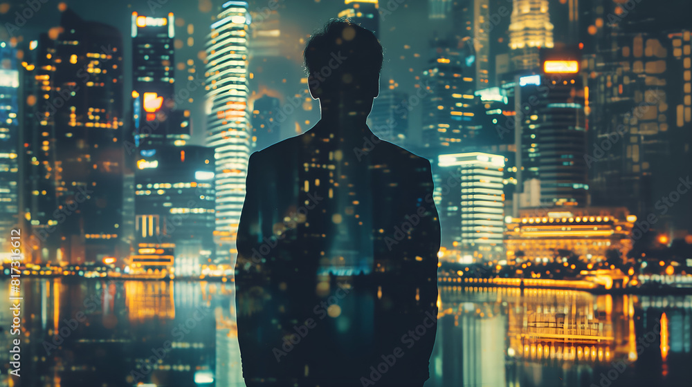 silhouette of a business man against the background of a night city, business concept silhouette of a business man against the background of a night city, business concept