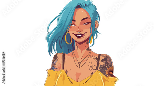 Tattooed young woman with blue hair black lips and