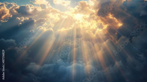 God light in heaven symbolizing divine presence, truth, spiritual illumination, God love and grace. Light beams blessing world with heavenly light photo