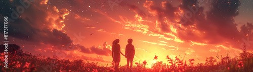 Capture a low-angle perspective of a virtual reality love story, intertwining painterly strokes with digital elements, showcasing a dreamy sunset backdrop photo