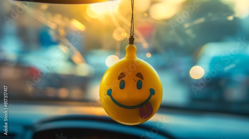 A smiley face air freshener hanging on a car’s rearview mirror.

 photo