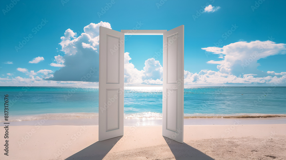 open door to heaven or paradise, new life or changes and opportunity concept, doorway to freedom, beautiful beach And sky open door to heaven or paradise, new life or changes and opportunity concept, doorway to freedom, beautiful beach And sky