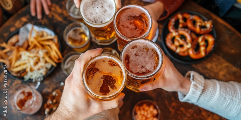 Group of people enjoying a casual gathering with beer and snacks, raising their glasses for a toast Group of people enjoying a casual gathering with beer and snacks, raising their glasses for a toast