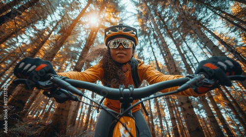 Low angle view of a cyclist riding through a dense forest photo