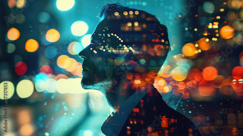 Business man on abstract night lights background  portrait of person against blurred city. Concept of people  multiple image  think  businessman  office.