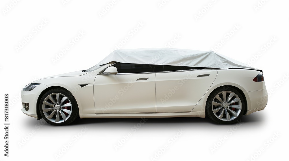 A car covered with a protective awning on a white background.
A car covered with a protective awning on a white background.