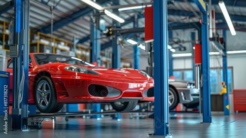 Car elevated on a lift in an auto repair shop.        