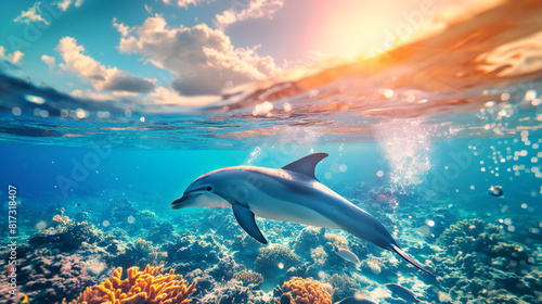 Dolphin swimming underwater of ocean on sunny day  mammals animals  underwater world