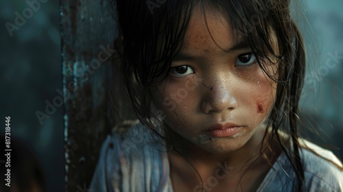 Picture a young Thai girl engulfed in profound contemplation navigating the harsh realities of poverty as a war refugee alongside other underprivileged children