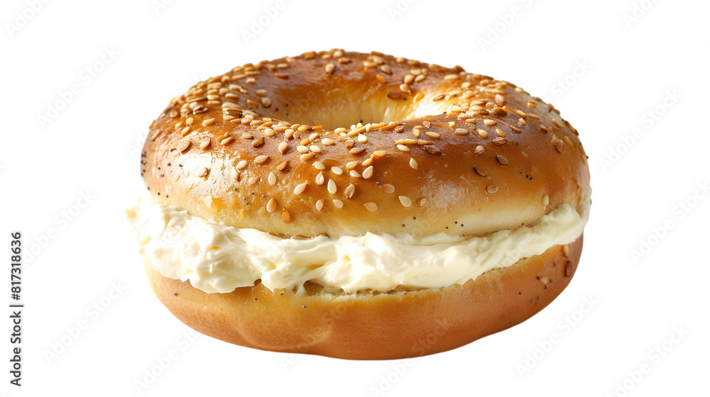 A plain bagel split open and filled with a thick layer of cream cheese, transparent background A plain bagel split open and filled with a thick layer of cream cheese, transparent background
