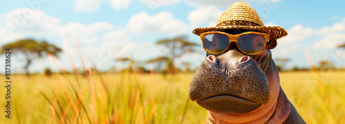 Sunglasses and hat on hippo, savannah background, promoting wildlife excursions photo