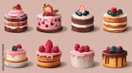 Different delicious cakes isolated on transparent background