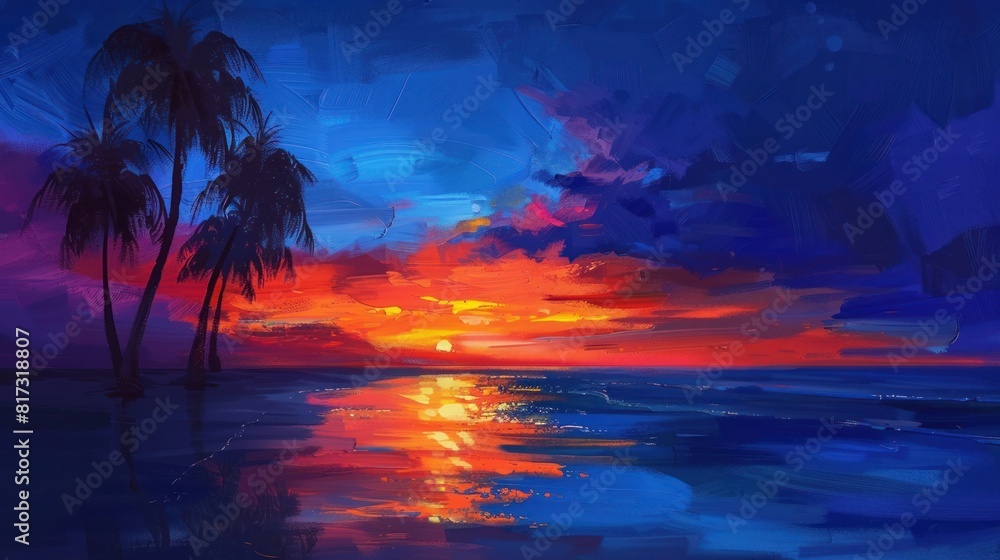 Serene beach scene at dusk with palm trees silhouetted.
Serene beach scene at dusk with palm trees silhouetted.
