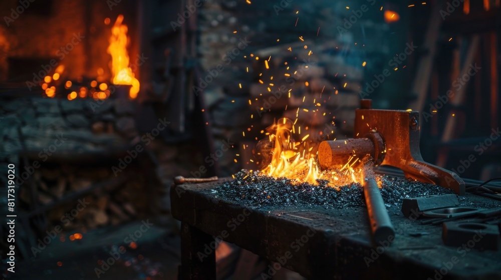 Blacksmith heating metal in a fiery forge.
Blacksmith heating metal in a fiery forge.