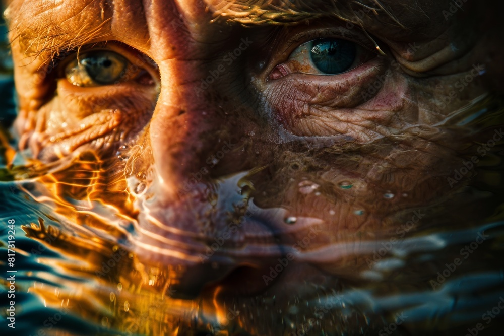 A close-up shot of a man's eye with a focused gaze, partially submerged in water A close-up shot of a man's eye with a focused gaze, partially submerged in water