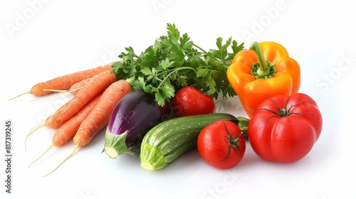 Assorted fresh vegetables on a white background.