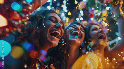A vibrant snapshot of a group of friends laughing together while surrounded by festive decorations at an entertainment event