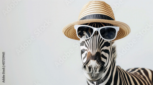 Zebra in sunglasses and hat  white background  safari travel promotions  text space