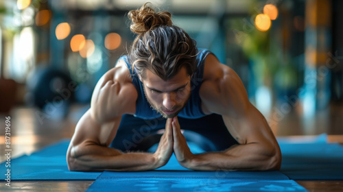Man Doing Yoga Forward Bend at Studio or Gym, beard, pony tail, muscles