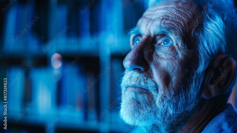 An elderly man with a hearing device sits pensively in a library surrounded by out-of-focus books