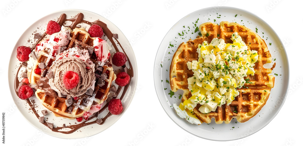 Set of Belgian waffles on the white plate. Isolated with Transparent background. Belgian food for menu, restaurants. Set of Belgian waffles on the white plate. Isolated with Transparent background. Belgian food for menu, restaurants.