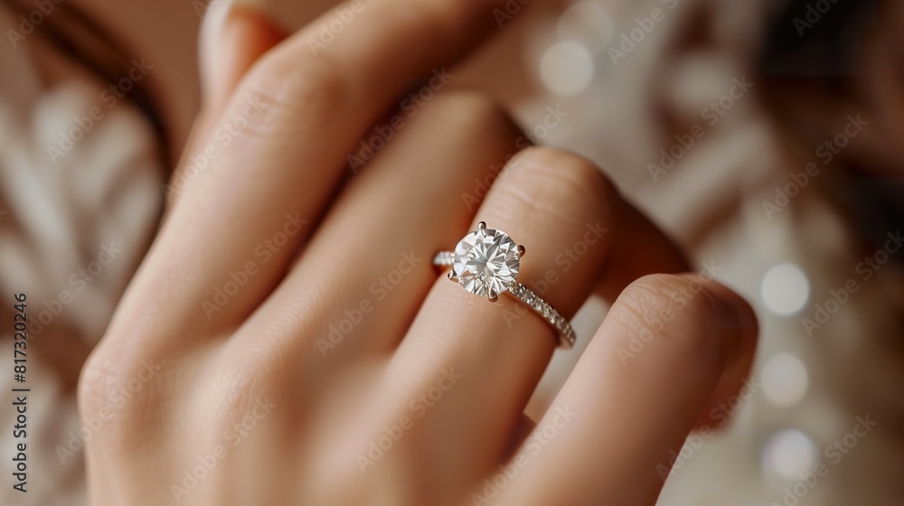 Woman's hand close up showing an elegant diamond ring