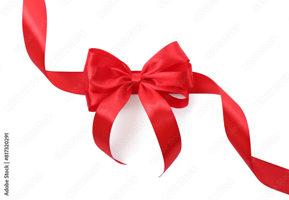 Red satin ribbon with bow isolated on white, top view Red satin ribbon with bow isolated on white, top view