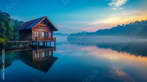 A small wooden house sits on the shore of a lake.