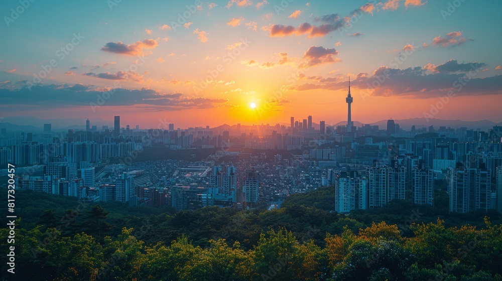 Obraz premium Featured are summer views of Seoul downtown, Seoul Tower, and Lotte Tower, all in Seoul, South Korea