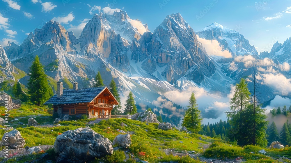 A cabin in the mountains with trees and grass. A cabin in the mountains with trees and grass.