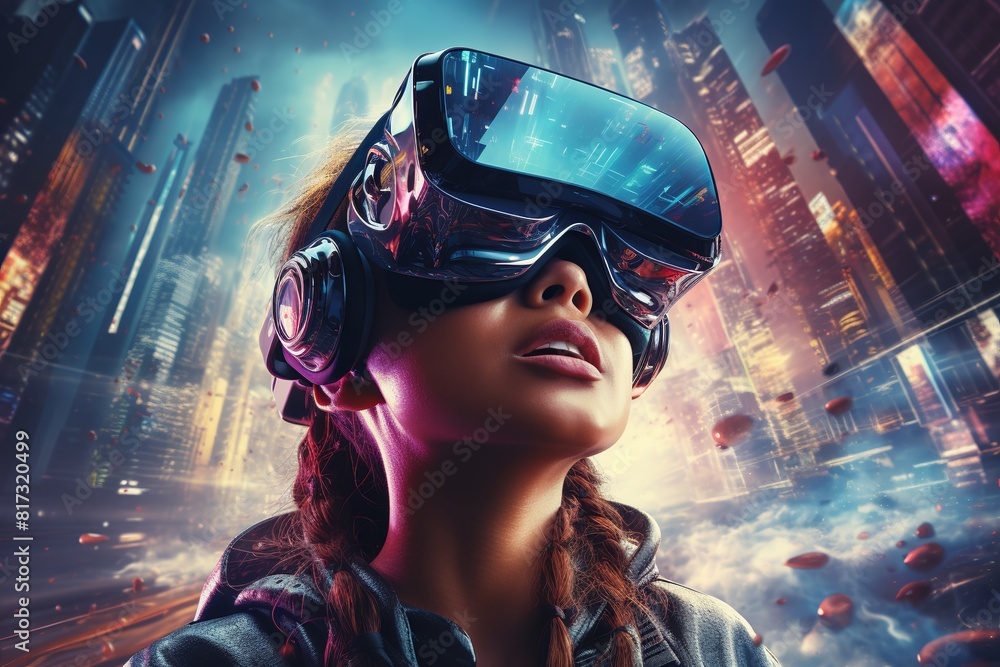 Girl Wearing VR Headset in Front of City Girl Wearing VR Headset in Front of City