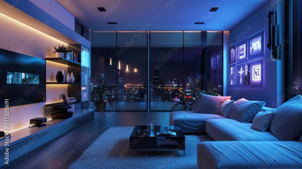 A smart screen displaying a smart home interface in a modern living room.
A smart screen displaying a smart home interface in a modern living room.