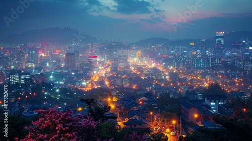 With a night cityscape of Seoul South Korea in the background  this concept shows wireless network technology and connections