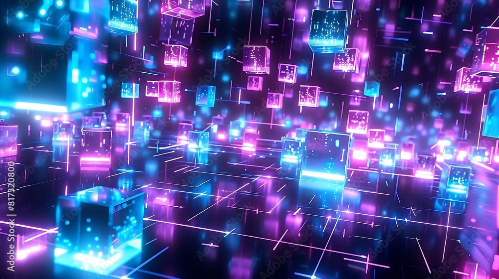 3D rendering of glowing neon cubes. Futuristic technology or gaming concept.