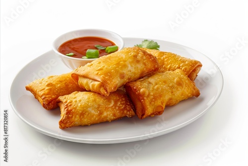 A plate of fried spring rolls with sauce.