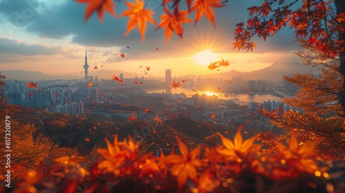 Inwangsan mountain s view of Seoul s downtown  Seoul tower  and Lotte tower during the autumn season.