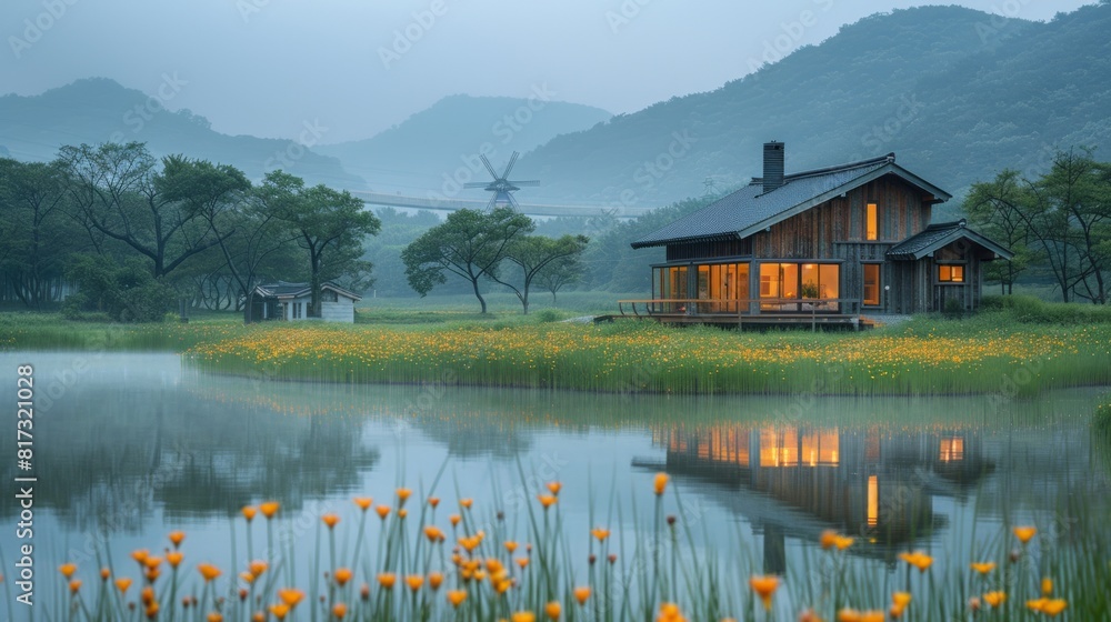 Obraz premium At Sorae Marsh Ecological Park in Incheon, South Korea, there are grass flowers, traditional windmills, and houses.