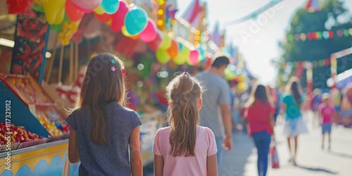 Wallpaper Mural Two children from the back looking at vibrant fair stalls with balloons and festive decorations Torontodigital.ca