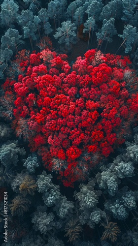 A heart shaped forest with red trees.