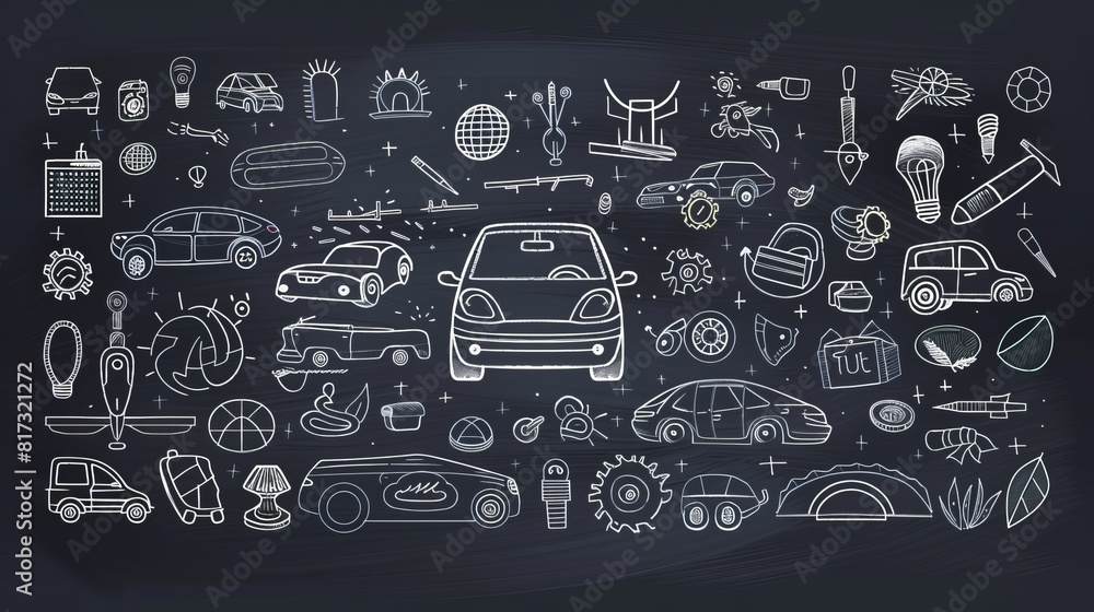 Chalkboard-style line art doodles of various automobile objects and symbols.
Chalkboard-style line art doodles of various automobile objects and symbols.