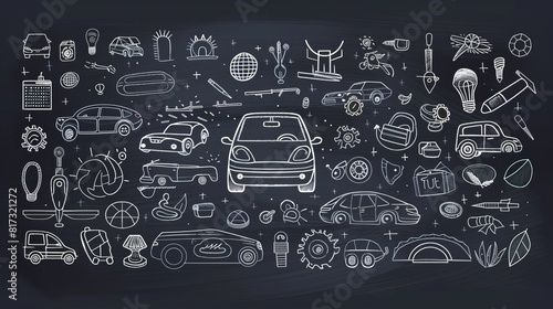 Chalkboard-style line art doodles of various automobile objects and symbols.