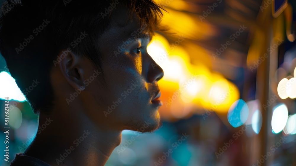 A silhouette of a person's profile against bokeh lights of a bustling night market, conveying a sense of urban nightlife A silhouette of a person's profile against bokeh lights of a bustling night market, conveying a sense of urban nightlife