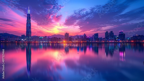 The best landmark in Seoul, South Korea is the Lotte tower and the evening sunset over the Hangang river photo