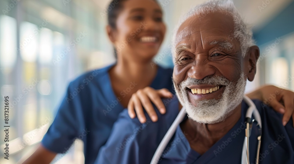 A healthcare worker is seen from the back, providing comfort to an elderly patient in a medical setting