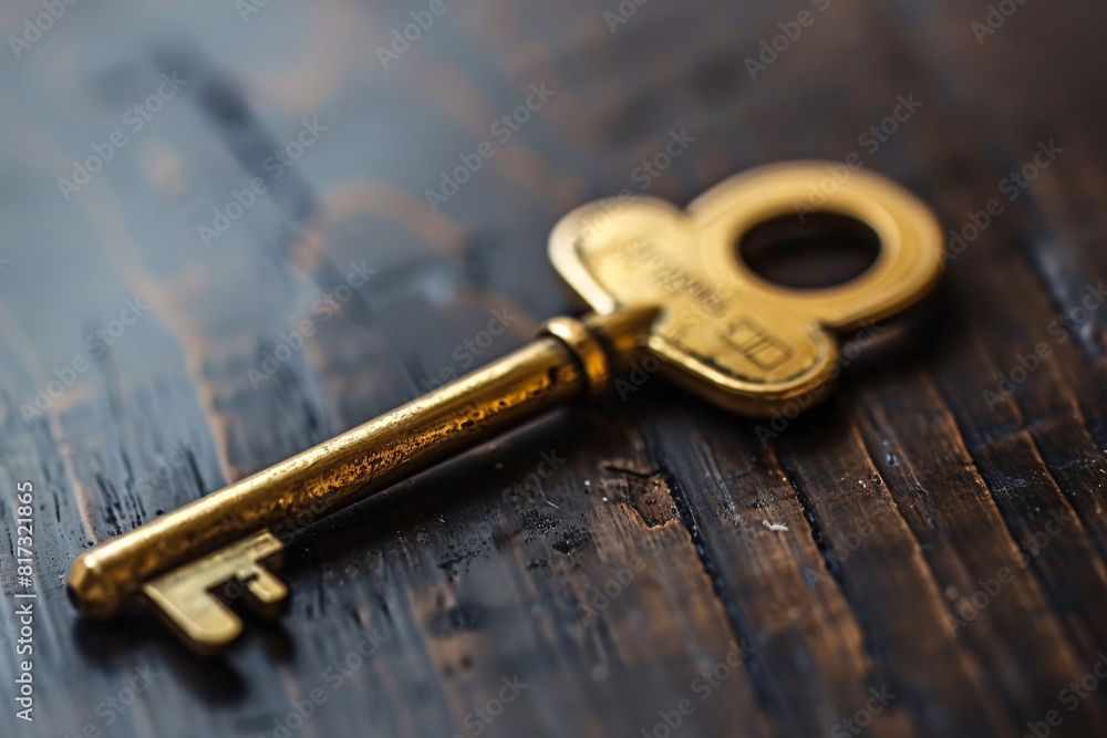 Antique brass key on wooden surface Antique brass key on wooden surface