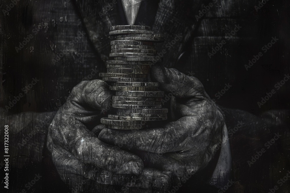 Man Holding Stack of Coins. Generative AI Man Holding Stack of Coins. Generative AI